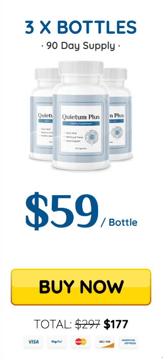 Quietum Plus 3-bottle offer - 90-day supply at $59 per bottle, total price of $177. Secure payment options available.