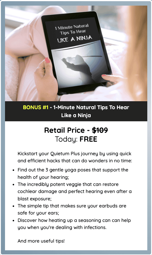 Quietum Plus Bonus #1 - 1-Minute Natural Tips to Hear Like a Ninja, featuring yoga poses, powerful nutrients, and ear health strategies.