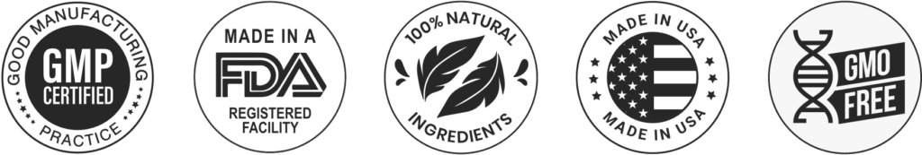 Quietum Plus certifications - GMP Certified, FDA registered facility, 100% natural ingredients, Made in USA, and GMO-Free badge.