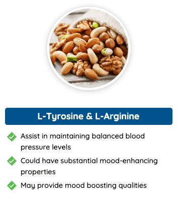 L-Tyrosine & L-Arginine - Key amino acids in Quietum Plus that support blood pressure balance, enhance mood, and improve mental well-being