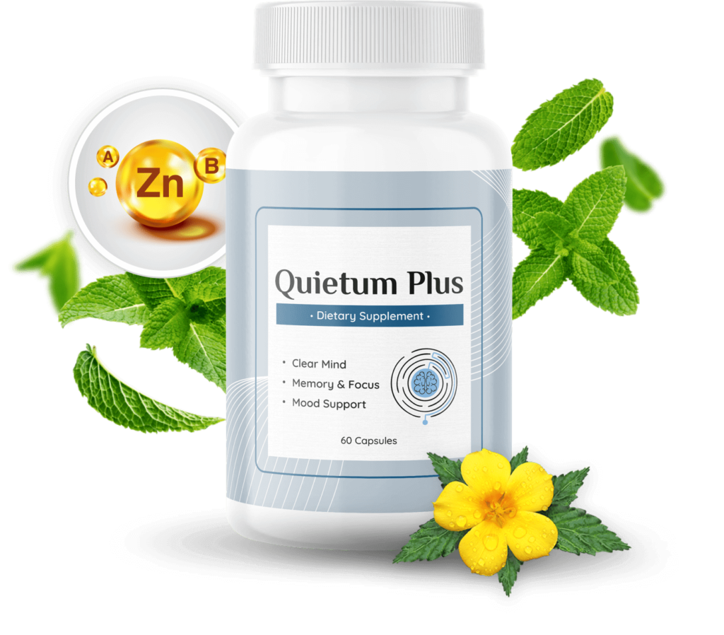 Quietum Plus natural dietary supplement for hearing support, cognitive health, and mood enhancement. Contains zinc, herbal extracts, and vitamins.